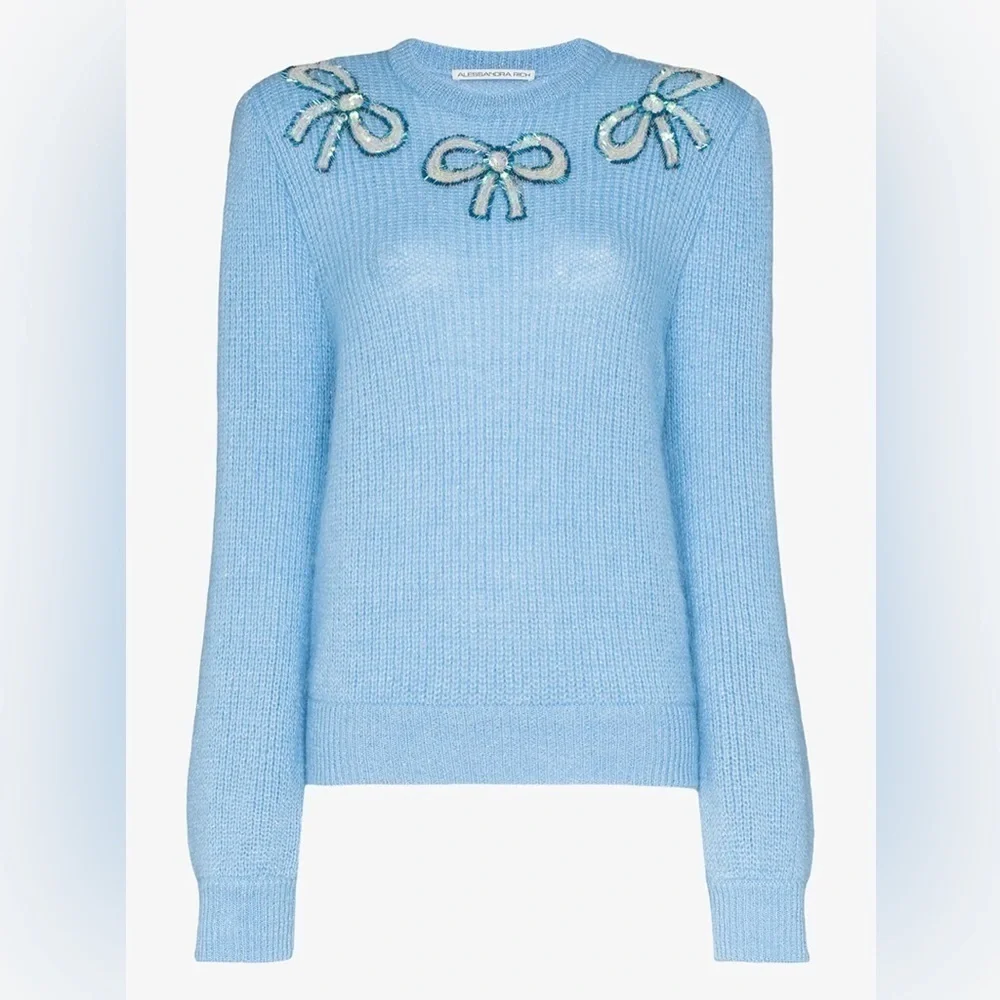 ALESSANDRA RICH Softest Mohair Wool Sweater w/ Sequin Ribbons Bows Size 42 VGUC - Picture 2 of 11